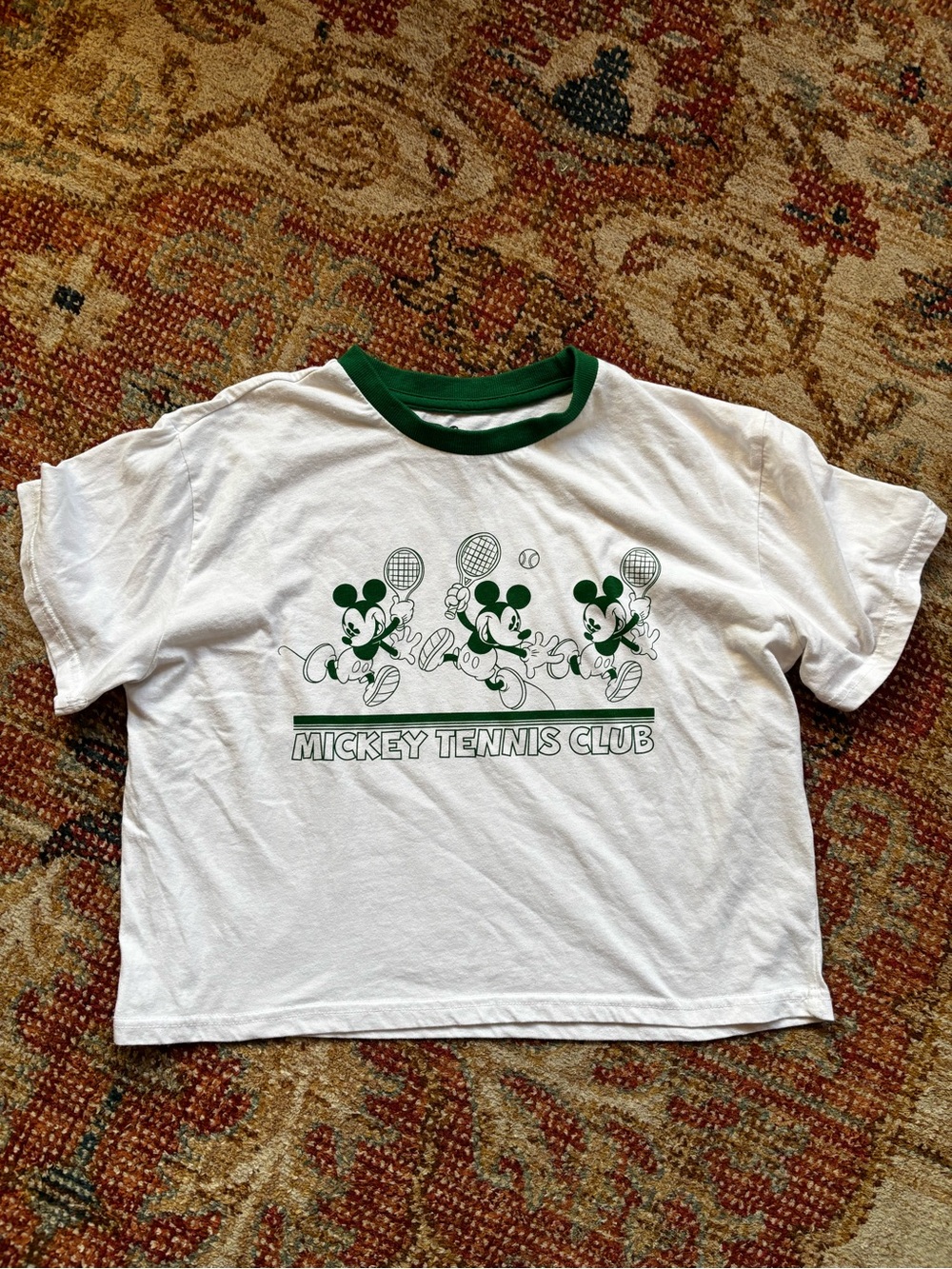 Disney Mickey Tennis Club Cropped Ringer Graphic Tee - White/Green - Size XL